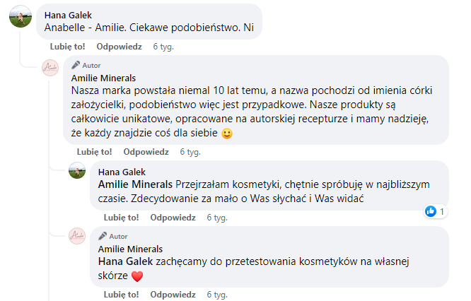 Screen komentarzy z facebookowego profilu naszego Klienta Amilie &ndash; odpowiadamy za komunikację i moderację