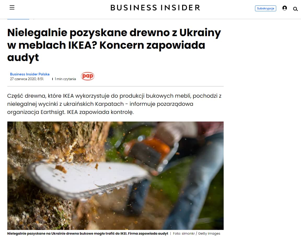 artykuł o nielegalnym pozyskiwaniu drewna z ukrainy przeznaczonych do produkcji embli ikea