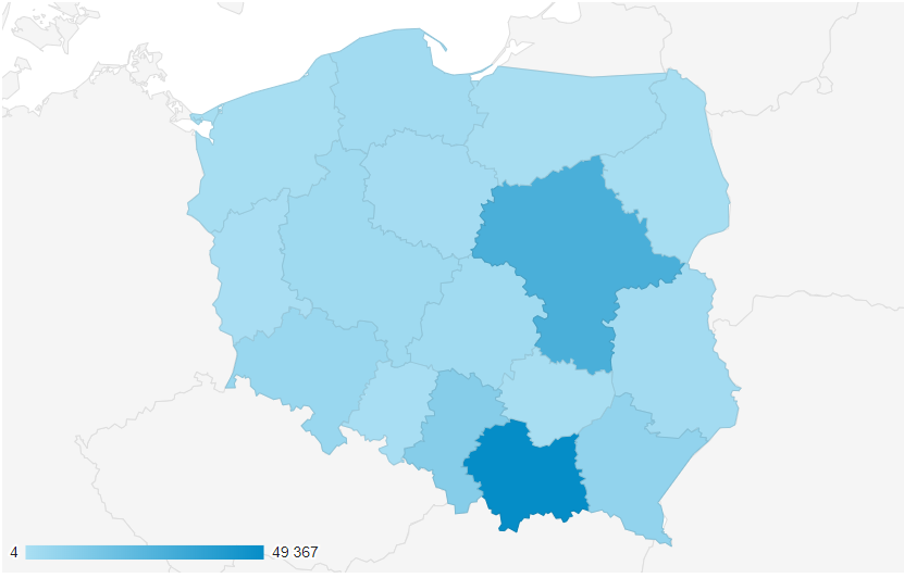 Mapa Polski prezentująca zainteresowanie akcją Piwniczanki w poszczególnych województwach