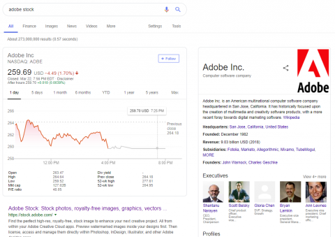 Wynik wyszukiwania Google na hasło adobe stock