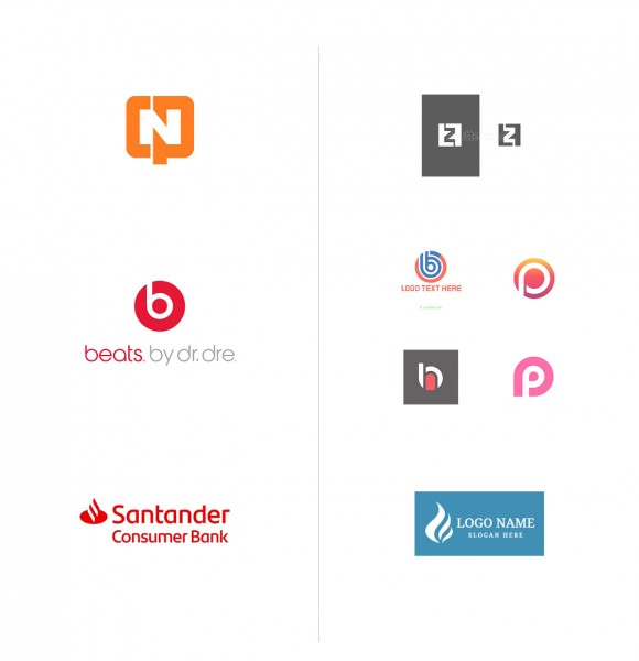 Lewa kolumna, od góry: logo Centrali Produktów Naftowych (CPN) autorstwa Ryszarda Bojara; logo Beats Electronics, Apple Inc.; logo Santander Consumer Bank. Prawa kolumna: znaki z banków zdjęć oraz generatorów logo.