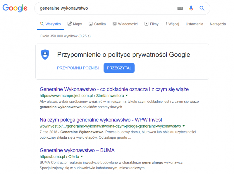 Domena Klienta w wyszukiwarce Google na słowo &quot;generalne wykonawstwo