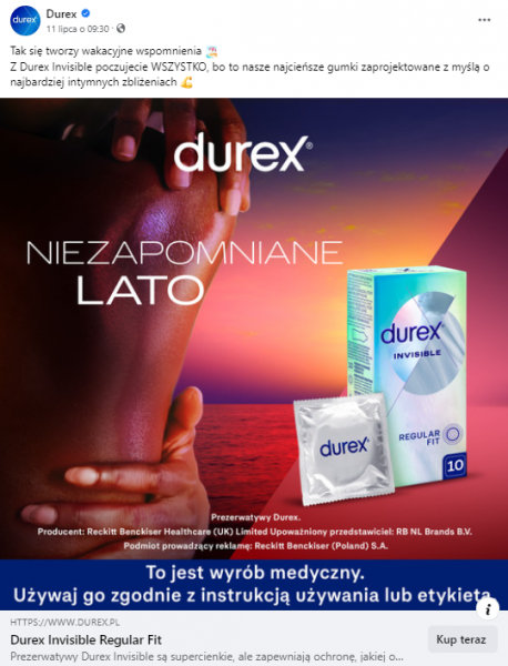 Przykład reklamy wyrobu medycznego jakim są prezerwatywy marki durex 