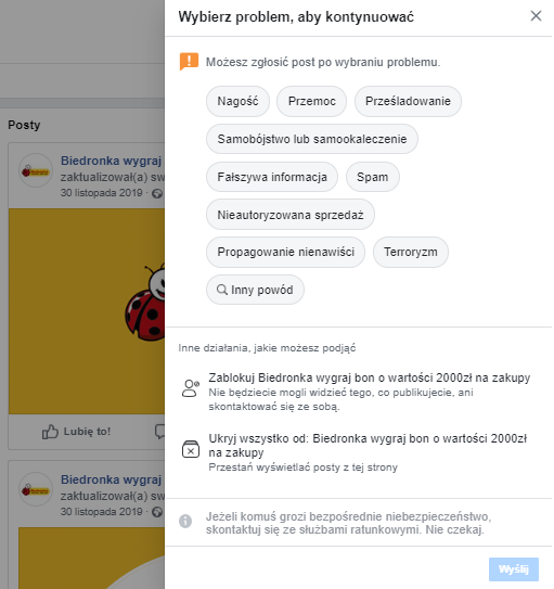 zgłoszenie posta na facebooku