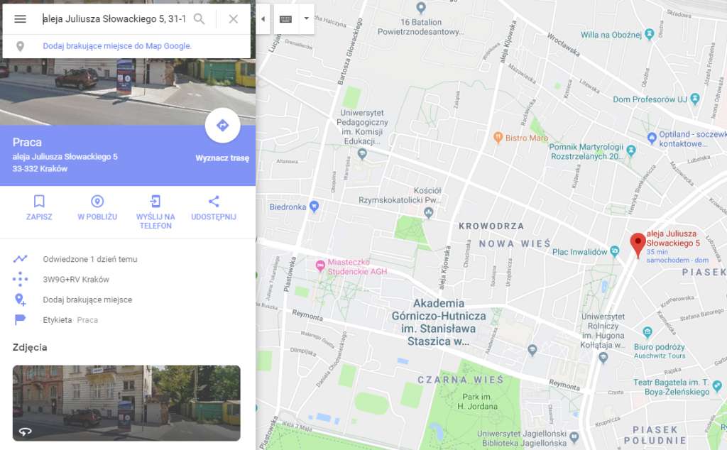 Określanie miejsc w Google Maps na podstawie historii