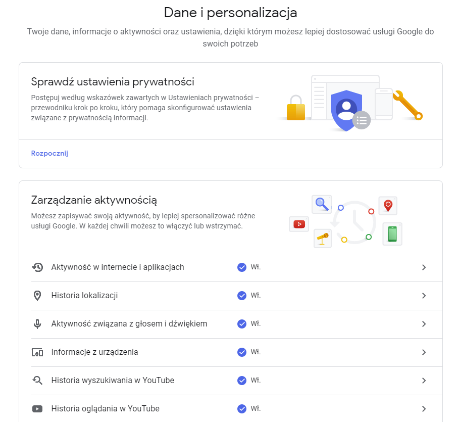 Ustawienia danych i personalizacji na koncie Google