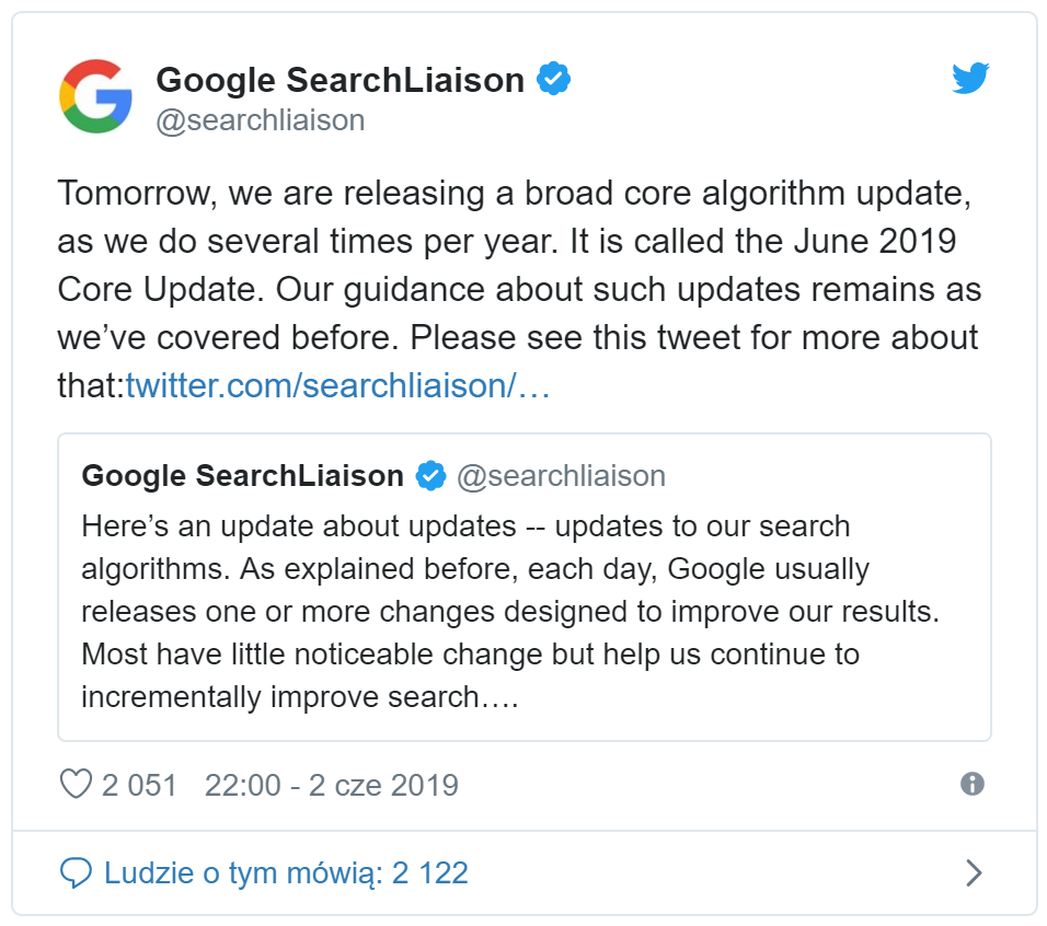 Informacja o aktualizacji Google June Core Update 2019