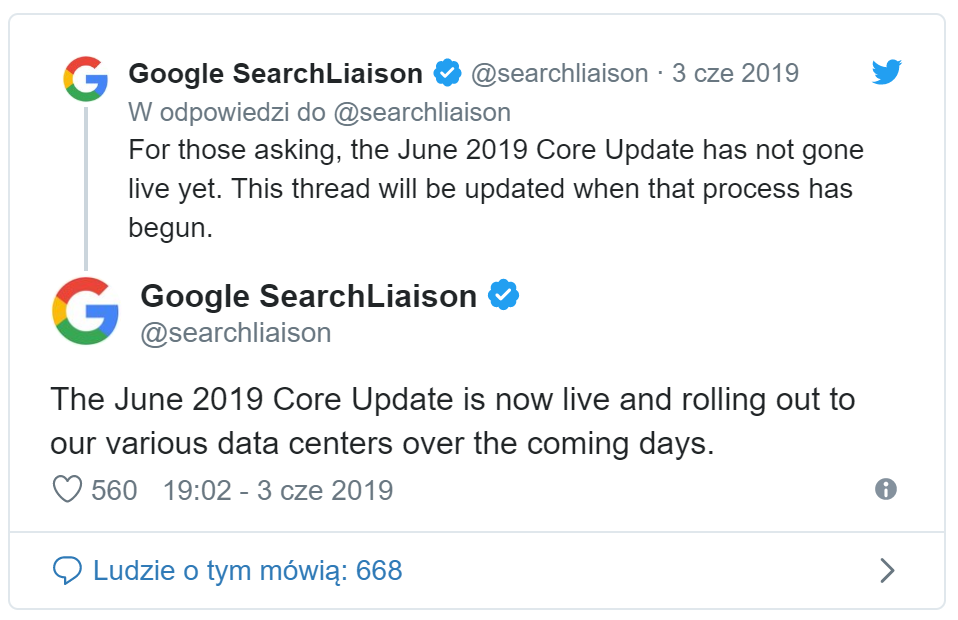 Informacja o aktualizacji Google June Core Update 2019