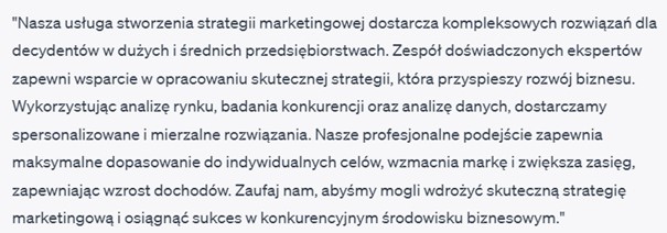 opis produktu usługi stworzenia strategii marketingowej wygenerowany przez chat GPT