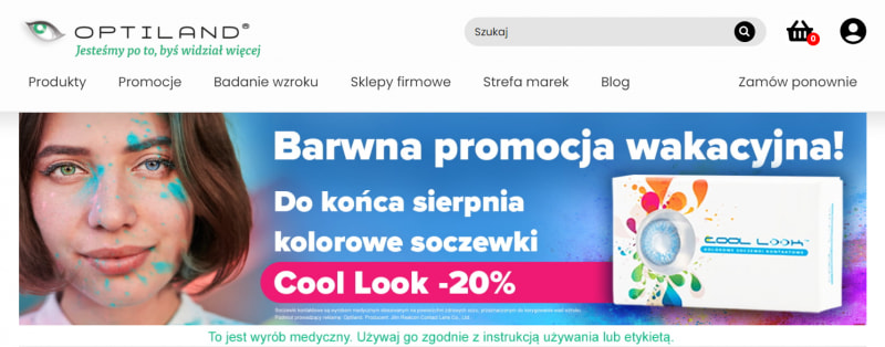 Przykład reklamy wyrobu medycznego jakim są soczewki kontaktowe ze sklepu internetowego Optiland 