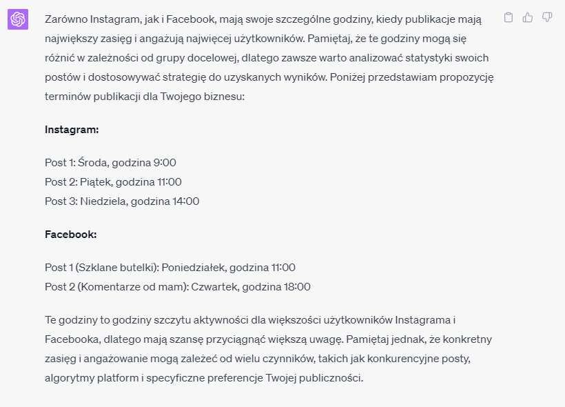 proponowane terminy publikacji postów w social mediach wygenerowane przez AI 