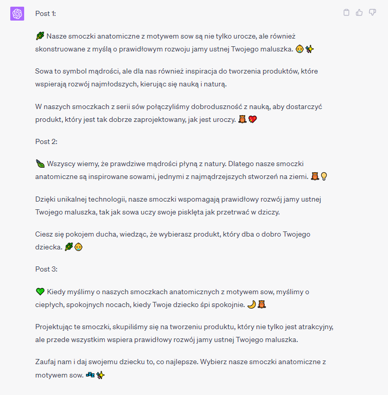copy do 3 postów na platformę Instagram o smoczkach anatomicznych wykonane przez AI