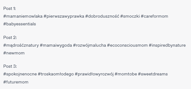 Propozycja hasztaów do postu na Instagramie wygenerowana przez Chat GPT  