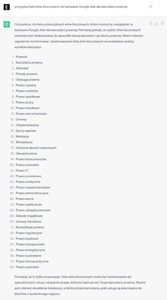 Zapytanie do narzędzia AI, żeby stworzyć listę slów kluczowych do kampanii Google Ads