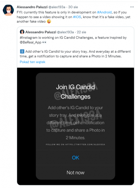 nowość na instagramie szczere wyzwanie jest w fazie testów