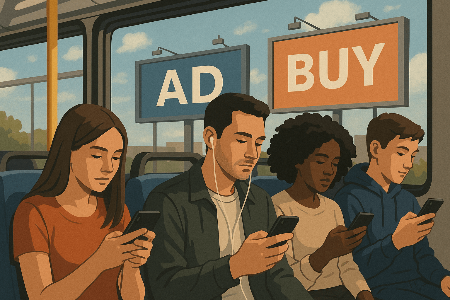 Ilustracja przedstawiająca grupę czterech młodych osób siedzących w transporcie publicznym, każdy zaabsorbowany swoim telefonem komórkowym. 