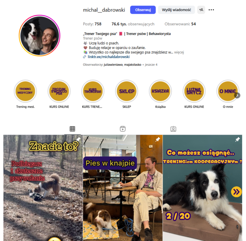 Przykład rozbudowanego biogramu na Instagramie. Konto: michal_dabrowski