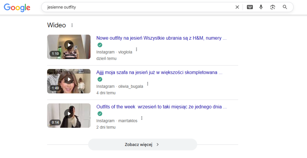 Przykład wideo w wynikach wyszukiwania