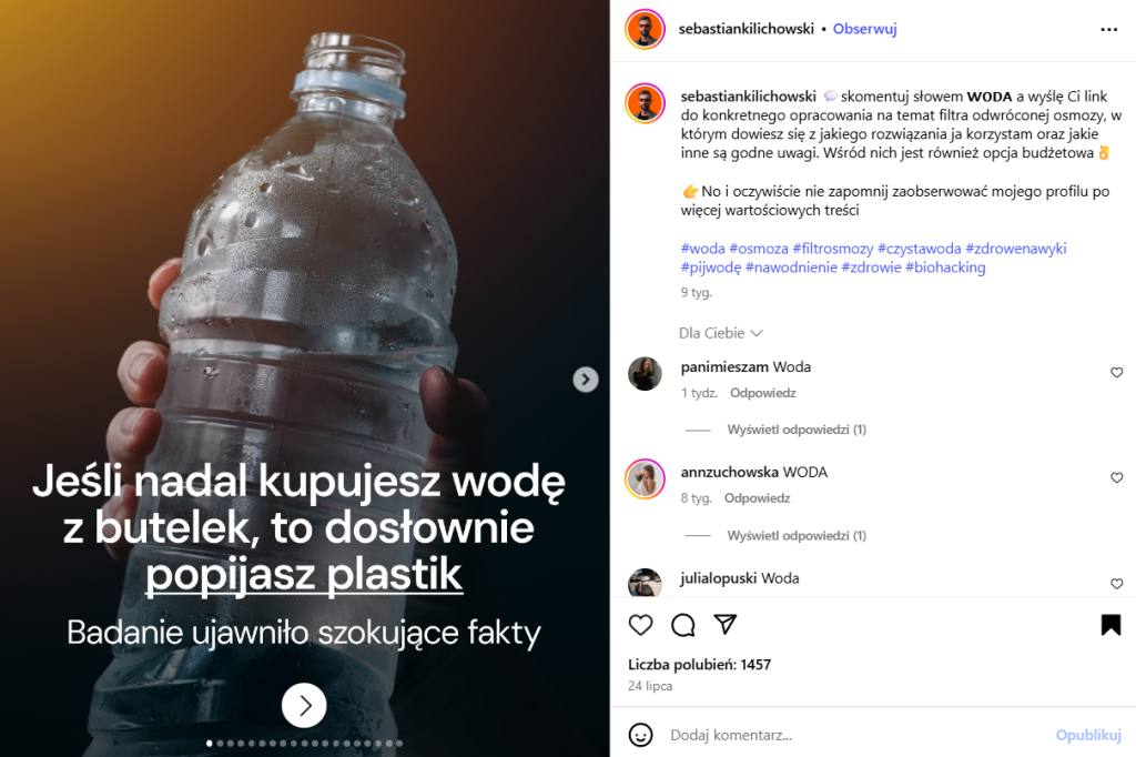 Przykład automatycznych wiadomości po napisaniu komentarza pod postem